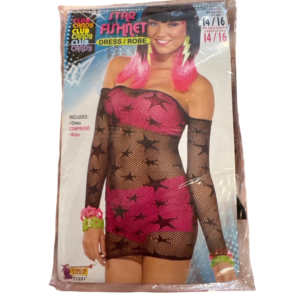 Forum Novelties Club Candy Black Star Fishnet Dress Robe Costume One‎ Size
